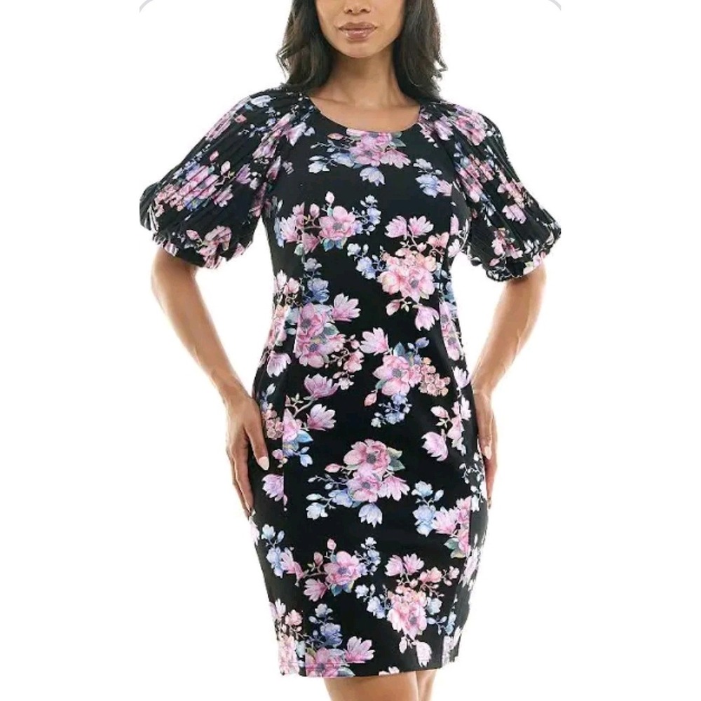 Nina Leonard Women's Size Large Pleat Puff Sleeve Floral Dress